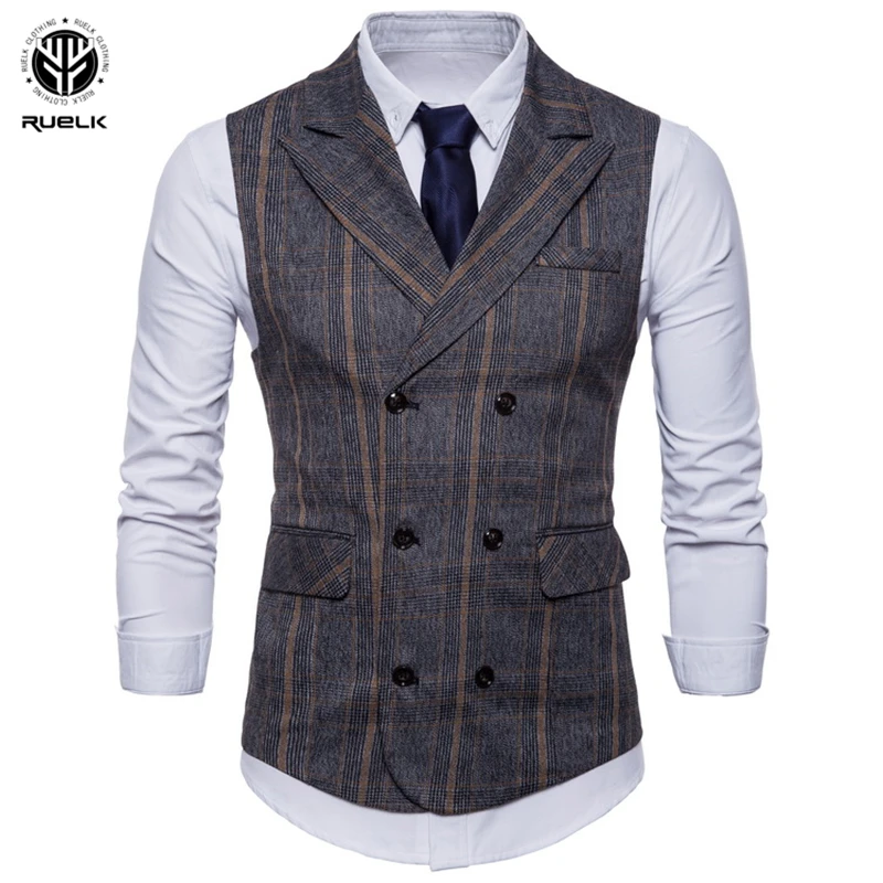 RUELK-Chaqueta informal sin mangas ajustada a cuadros para hombre, traje de marca a la moda, talla grande, M-4XL, primavera y otoño, 2020