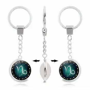 

12 Constellations Double Side Rotatable Glass Cabochon Pendant Keychain Key Ring Zodiac Sign Key Chain Pendant Jewelry Gift