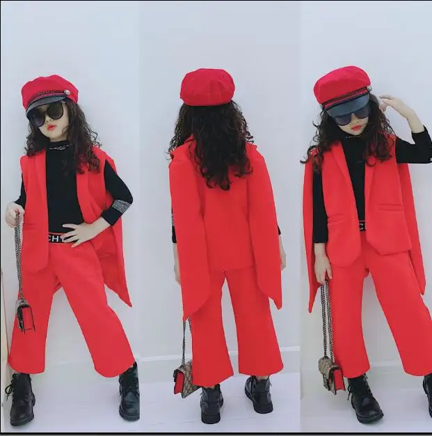 

2019 Korean style girls 2 pcs set coat+wide pants fashion autumn girls suit 3-8t C290