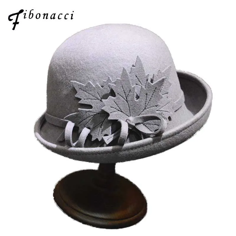

Fibonacci 2019 New Flanging Maple Leaf Floral Wool Felt Fedoras Women's Autumn Winter Hats Dome Elegant Banquet Fedora Hat