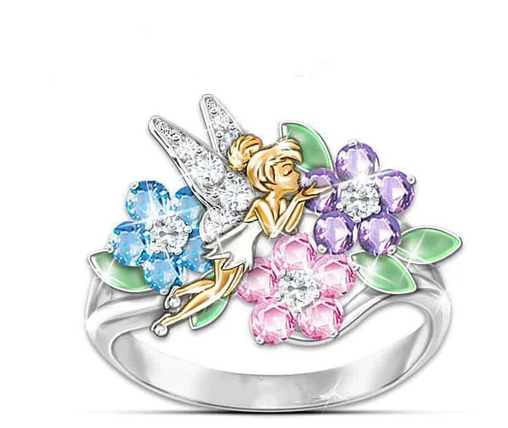 

Cute Floral fairy Colorful Zircon Stone Silver Enamel Rings for Women Girls Engagement Fashion Jewelry Gift for Daughter