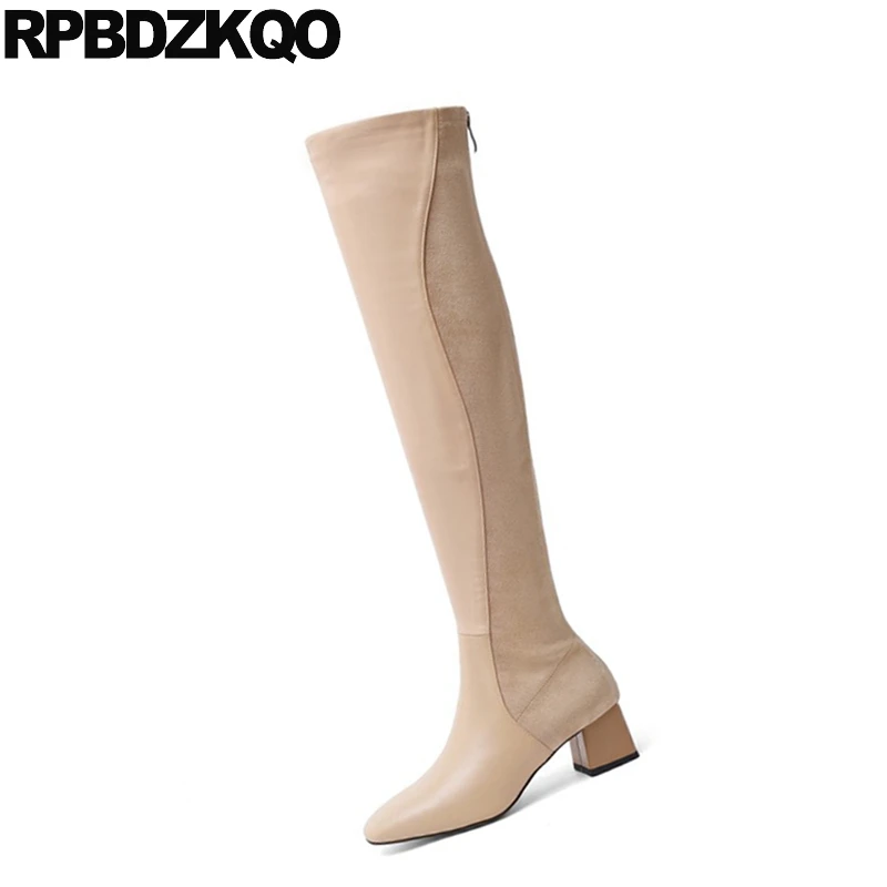Сапоги стрейч выше колена с квадратным носком толстые Дизайнерские Женская