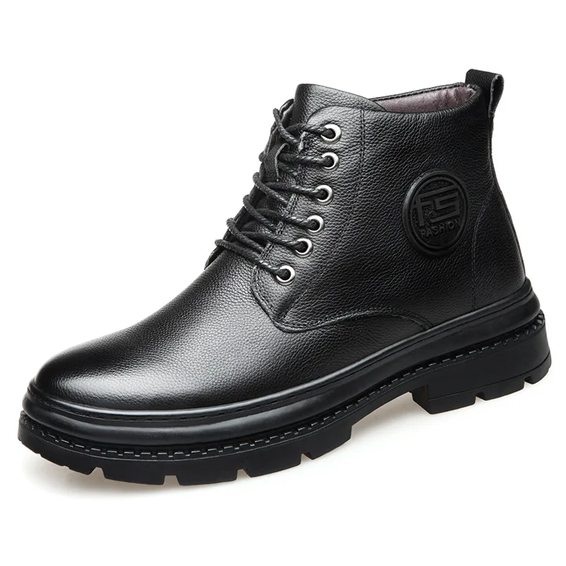

Winter Short Boots Men Genuine Leather Cotton Boots Full-grain Leather plus Velvet Hight-top Leather Boot Tube Martin Boots