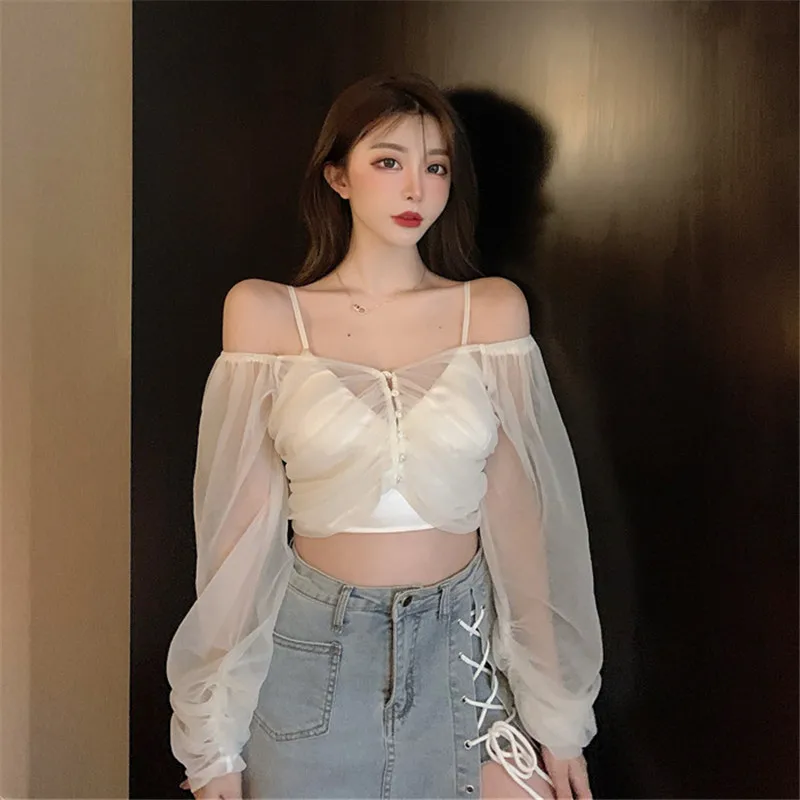 

SP 2020 autumn new sexy hollow self-cultivation perspective two-piece fashion design long-sleeved lantern sleeve mesh top