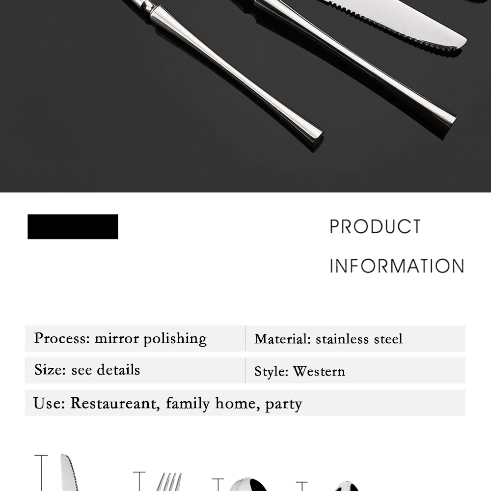 Description Picture 4 of itemSilver Flatware Cutlery Luxury 304 Stainless Steel Dinnerware Set Mirror Polishing Tableware Set Dinner Knife Dessert Fork Spoon