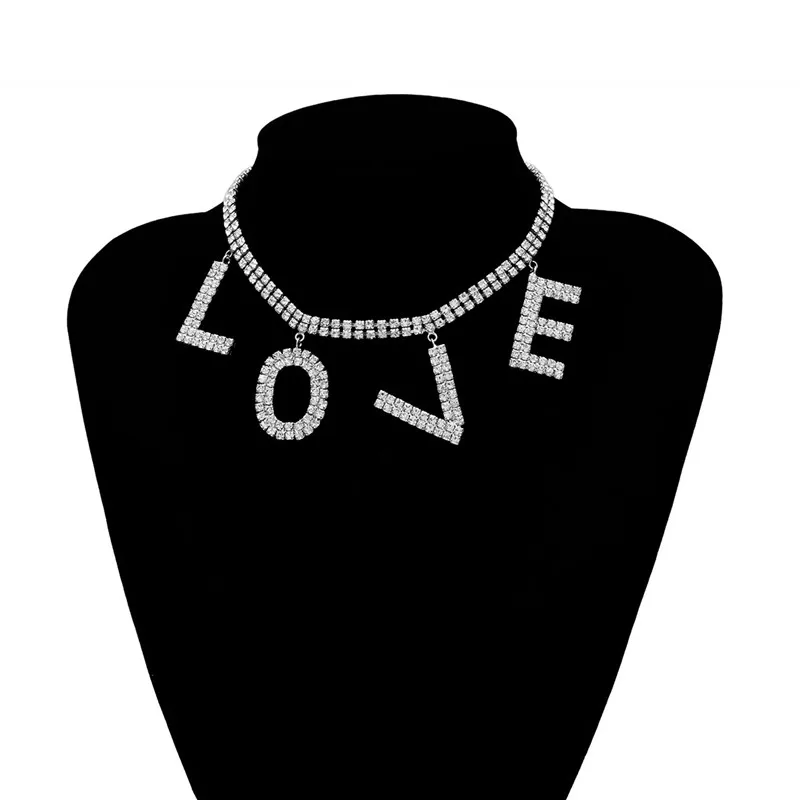 Панк Кристалл теннисная цепь ожерелье для женщин любовь ожерелье-ошейник с буквами хип-хоп Стразы кулон Золотое ожерелье s готическое ювелирное изделие
