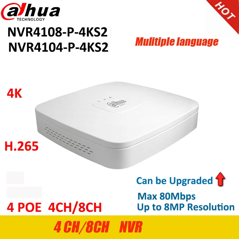 Dahua Original DVR NVR 4K Video Recorder NVR4104-P-4KS2 NVR4108-P-4KS2 4Ch/8Ch 4PoE port Up to 8MP Resolution can be upgrade