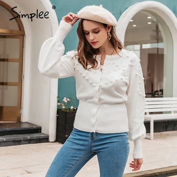 

Simplee Casual white hairball knitted cardigan sweater Women winter lady sweater Long sleeve high waist female outwear jumpers