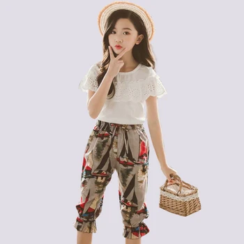 

Children Clothes Lace White Blouse + Print Pants 2PCS Clothes For Girls Short Sleeve Suit For Girls Summer Bohemian Girl Clothes