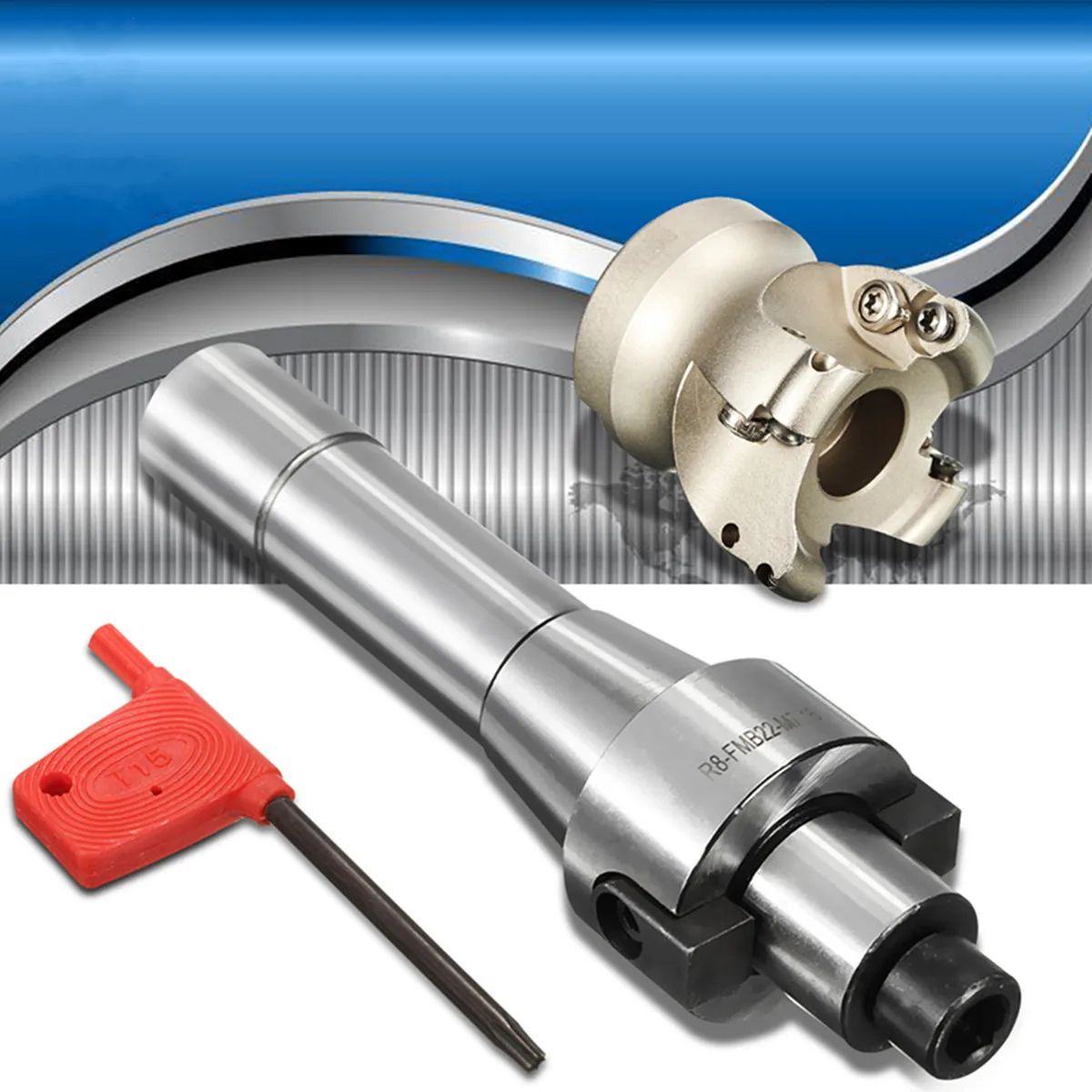 

New 90 Degree R8 FMB22 Straight Shank Arbor Taper + EMR 5R 50-22 Face Mill Cutter + T15 Wrench Turning Tools