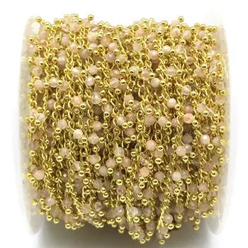 

5Meter Natural Sunstones 2mm Faceted Round Beads Rosary Chain,Gold Brass Wire Wrapped Necklace Bracelet Sweater Chains