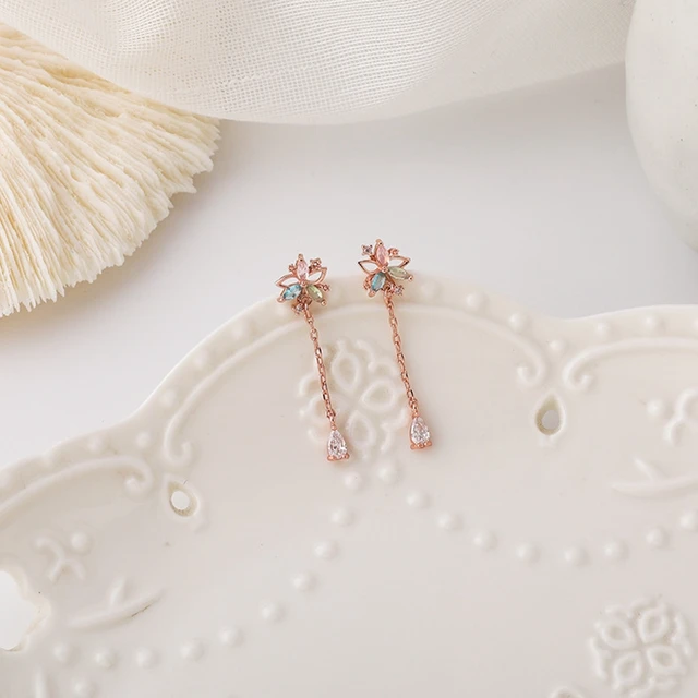 Exquisite Korean Micro Paved Cubic Zircon Dangle Earrings For Women Girls Pink Green Blue Color Rhinestone Flower Earrings Gift rose gold color
