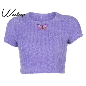 

Weekeep Summer New 2020 Butterfly Print Purple Ladies Short Sleeve t-shirts Women Slim Fit Sexy Casual Crop tops