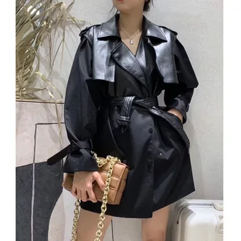 

Women Trench Coat Pu Patchwork Windbreaker Woman Color Matching Bandage Long Overcoat 2020 New Long Winter Coats V623