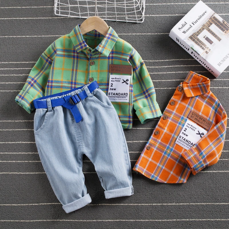 pajamas for girls Fashion Boys Shirt New Plaid Style Kids Long Sleeve Shirts + Jeans Pants Children's Cotton Clothes Baby Boy Girls 2PCS Suit baby suit set