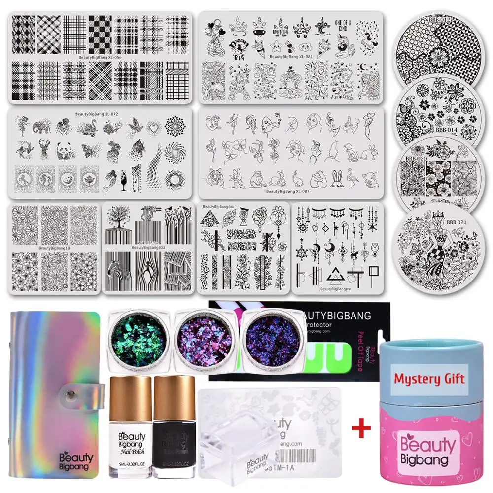 BEAUTYBIGBANG 12 шт. штамповочные пластины с гвоздями блестки и полировка и штамп и краски наклейки и штамповки пластины чехол с таинственный подарок