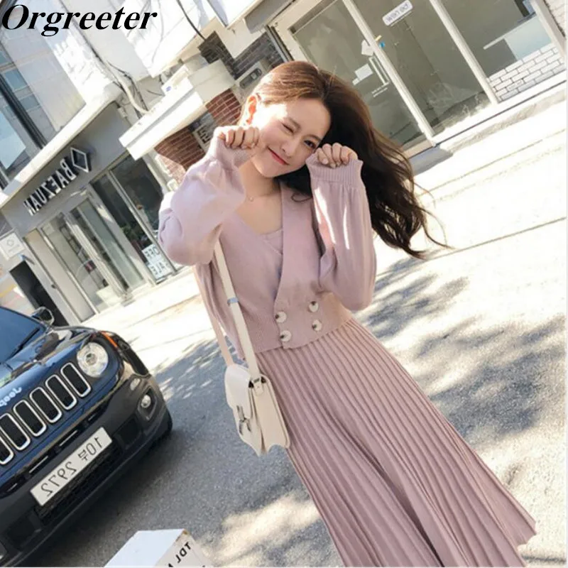 

Autumn Sweater 2 Piece Set Women Knitted Double-breasted Long sleeve Crop Top Outwear +Spaghetti strap Pleated Dresses Set