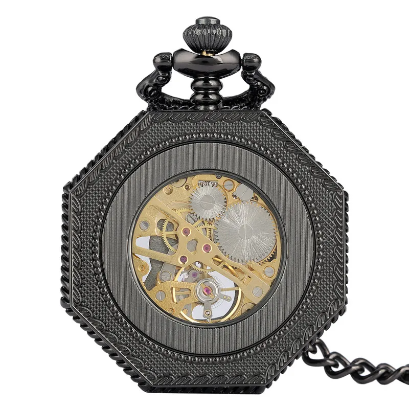 Retro Octagon Shape Clock Men Women Handwinding Mechanical Pocket Watch Skeleton Clock Roman Number Dial Pendant Chain Reloj