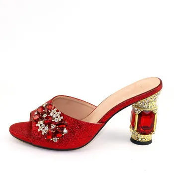 

Red High Heel Evening Party Shoes African Lady Sandal Shoes With Stones CR100, Heel Height 10CM