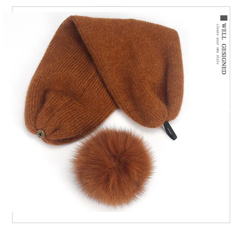 Women Winter Beanies Scarf Dual-purpose Knit Hat With Real Fox Fur Pompon Warm Knitted Caps Thick Hedging Cap Balaclava Skullies