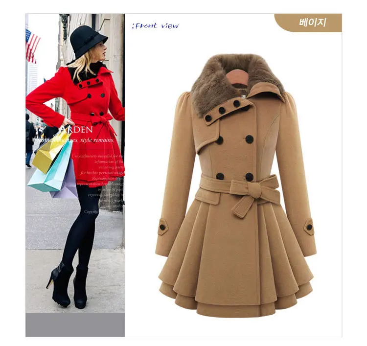 New Style Europe And America WOMEN'S Dress Slim Fit Mid-length Woolen Jacket Double Breasted Thick Overcoat+ Belt