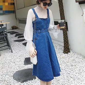 

New Women Turtleneck Two Piece Sets Sweet Flare Sleeve Mesh See-Throught Tops Suits Female Knee-Length Denim Dress Sets