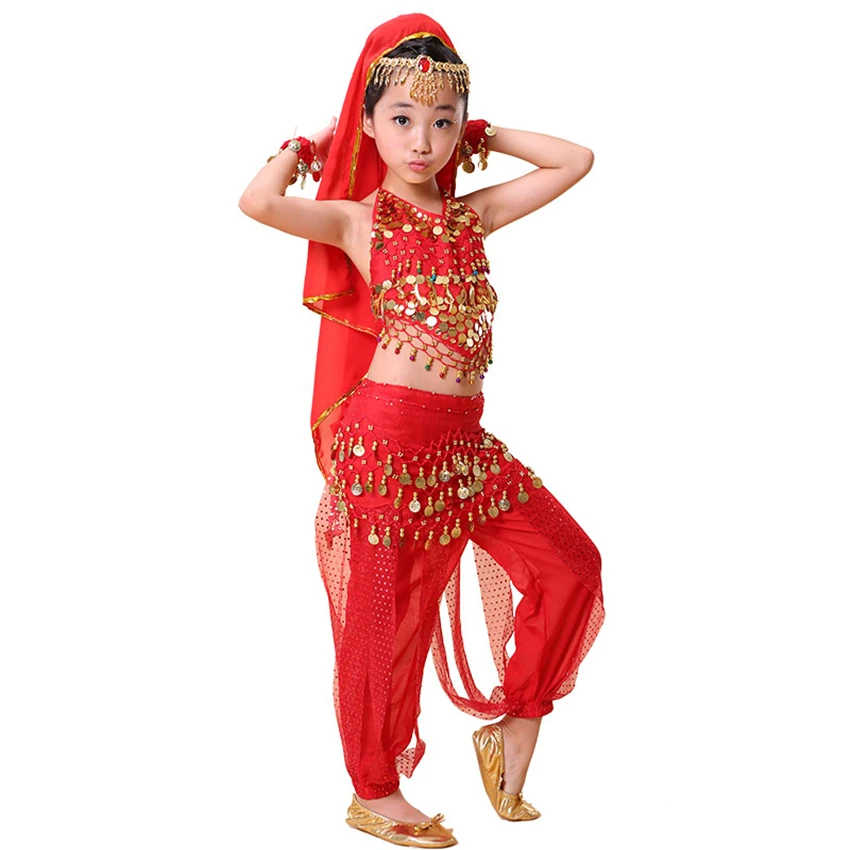 Детский костюм для танца живота, для девочек, с блестками, для выступлений на сцене, индийская, Восточная одежда, для детей, Болливуд, танцы, Холтер+ штаны