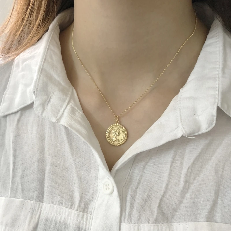 Leven Fancy S925 Sterling Silver Elizabeth Round Coin Necklace Double Side Pattern Ancient Roman Horse Pendant Necklaces | Украшения и