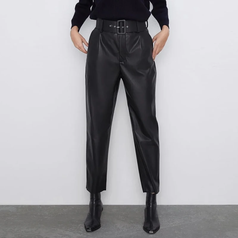 

Black Women's Pants Brown PU Pants with Belt Faux Leather Pants Female High Waist Artificial Trousers Za 2020 Winter Streetwears