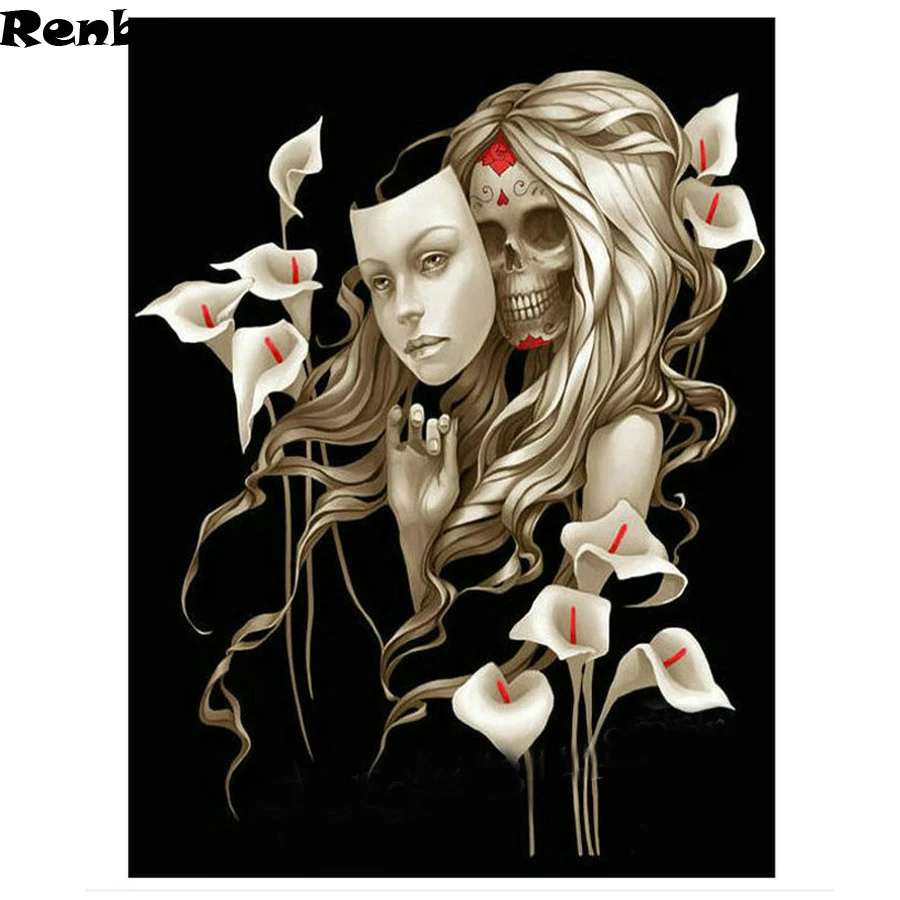 

Full square round drill diy diamond painting cross stitch skull woman lily flower diamond embroidery halloween girl decorative