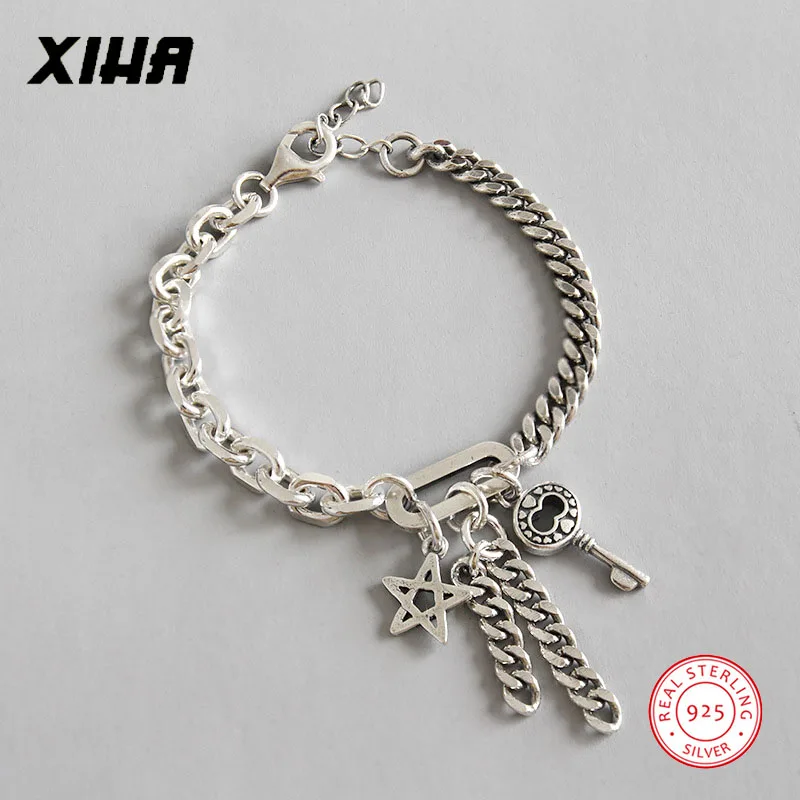 Брелок со звездой, кубинская цепочка, 925 пробы, серебряный, браслеты с подвесками для женщин и мужчин, унисекс, Rolo Link, регулируемый роскошный персонализированный браслет