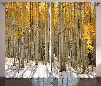 

Forest Curtains Aspen Trees with Warm Leaves in Snow Forest in Early Winter Time Landscape Living Room Bedroom Window Curtain