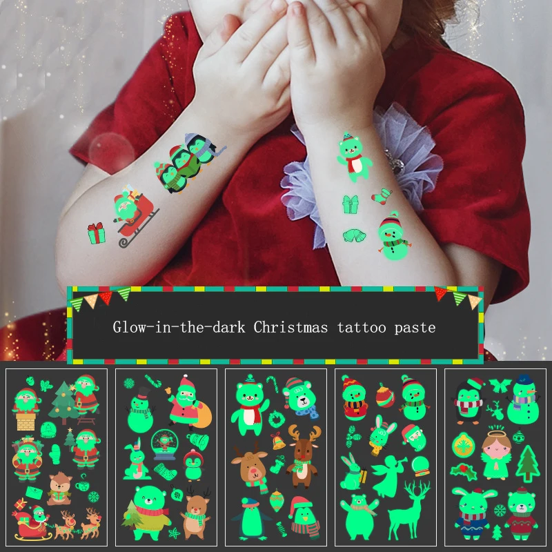 Новые светящиеся в темноте рождественские наклейки kawaii для детей классные блестящие тату наклейки для тела ребенка