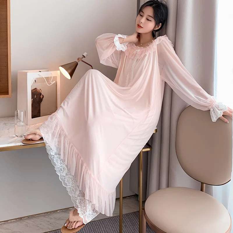 Sleepshirts Fashion Nightgown Ladies Lingerie Womens Sexy Sleepwear Long Sleeve Nightdress Nightwear Lace Palace style dress