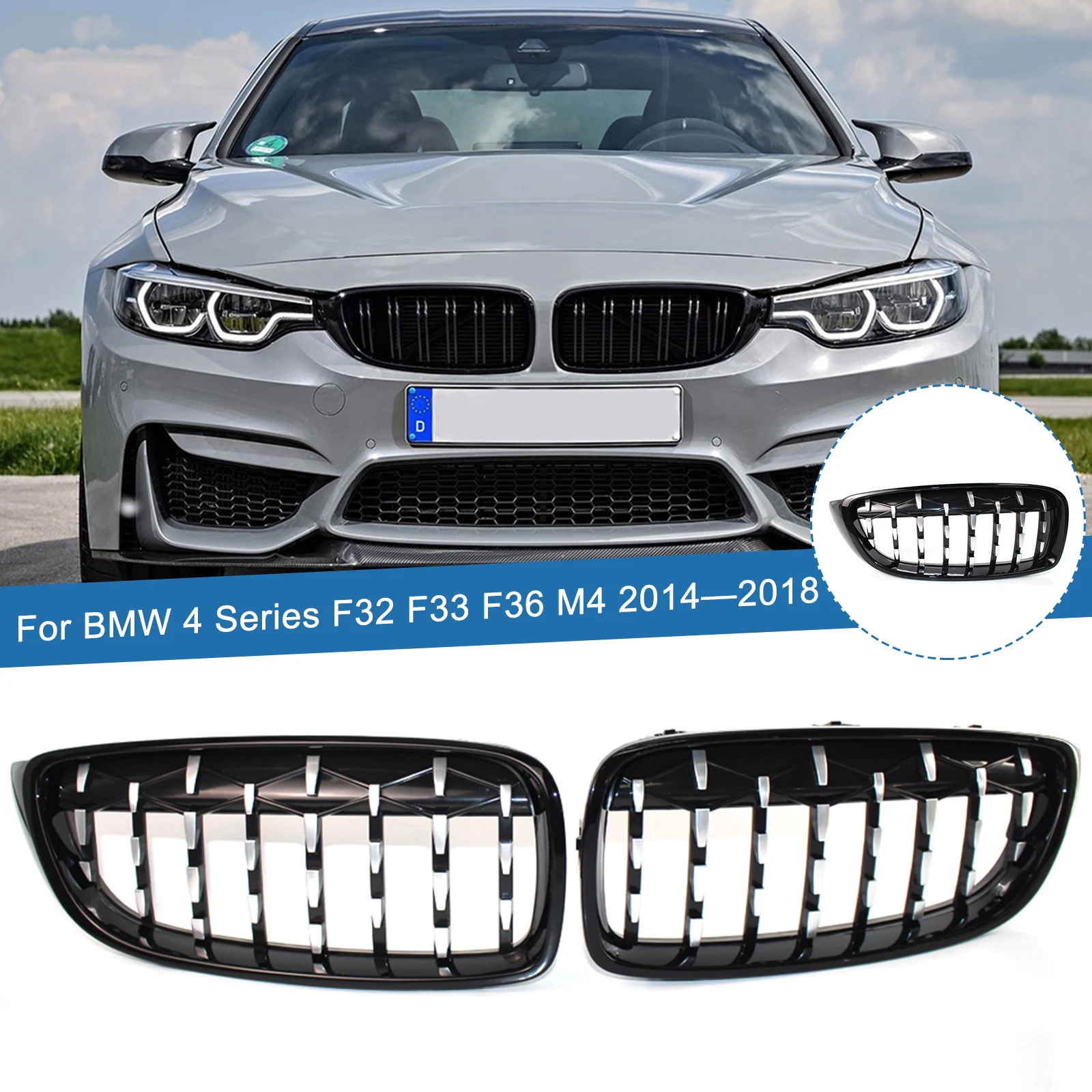 

1 Pair Car Front Bumper Diamond Meteor Style Grilles Replacement Kidney Racing Grille For BMW 4 Series F32 F33 F36 M4 2014-2018