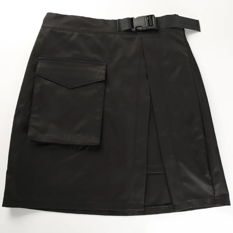 Корейские модные юбки с пластиковой пряжкой ремень женская уличная черная юбка с высокой талией Harajuku - Цвет: Черный