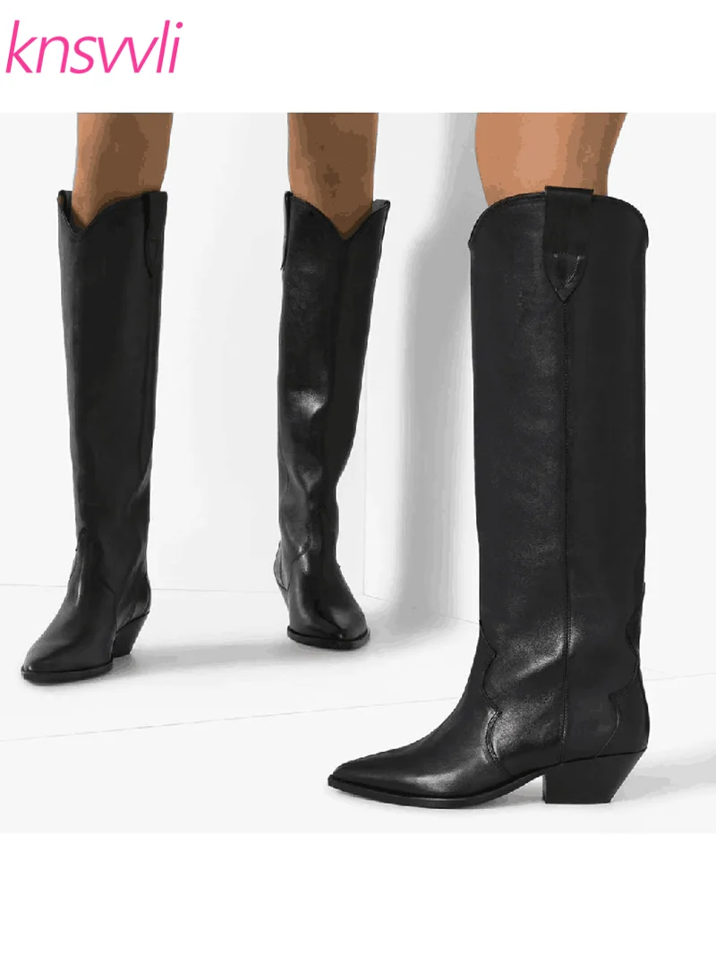 Черные сапоги до колена; женская зимняя обувь с острым носком; женские ковбойские высокие сапоги на танкетке и не сужающемся книзу массивном каблуке; женская обувь; Zapatos De Mujer