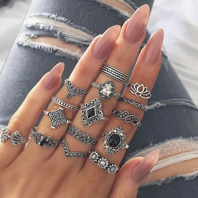 15pcs/set Bohemia Flowers Crystal Crown Finger Ring Set 925 Sterling Silver  Joint Knuckle Rings Women Jewelry Accessories Gifts - Rings - AliExpress