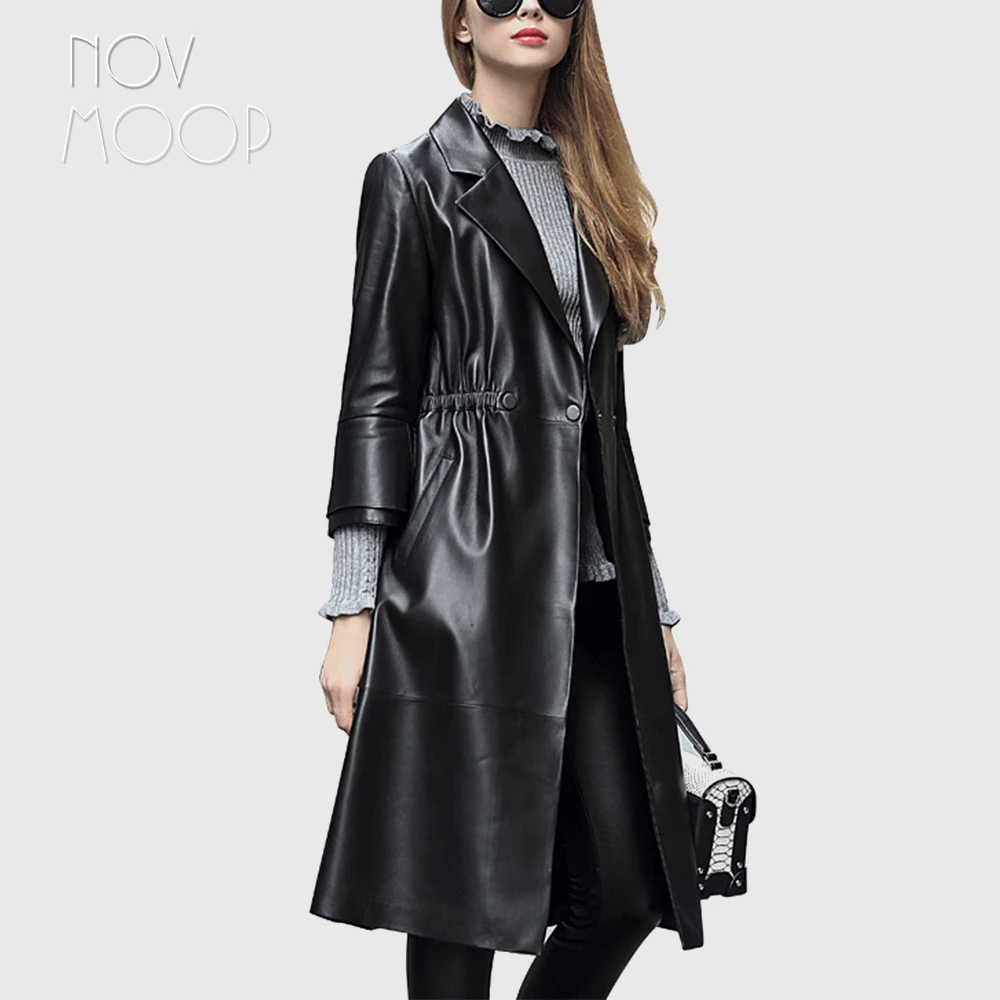 

Novmoop genuine leather elastic waistband snap button women trench coat double layer sleeve design office lady daily wear LT3366