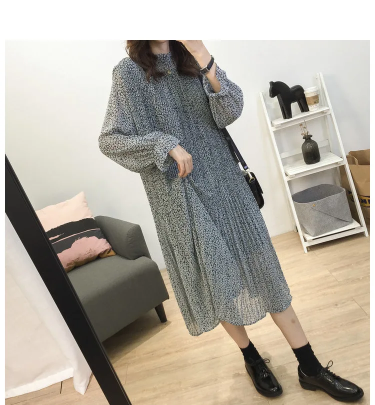 Loose-Fit Stand Collar Floral-Print Chiffon Long-sleeved Dress Autumn And Winter Women's Large Size Slimming Medium-length A- li