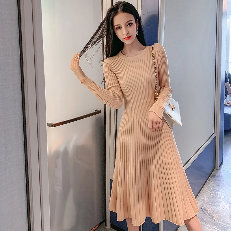 

Woman Winter sweater Dress knitted Autumn Solid Short Thick Dress Sweater Long Sleeve A-Line Knit Dress ka1015