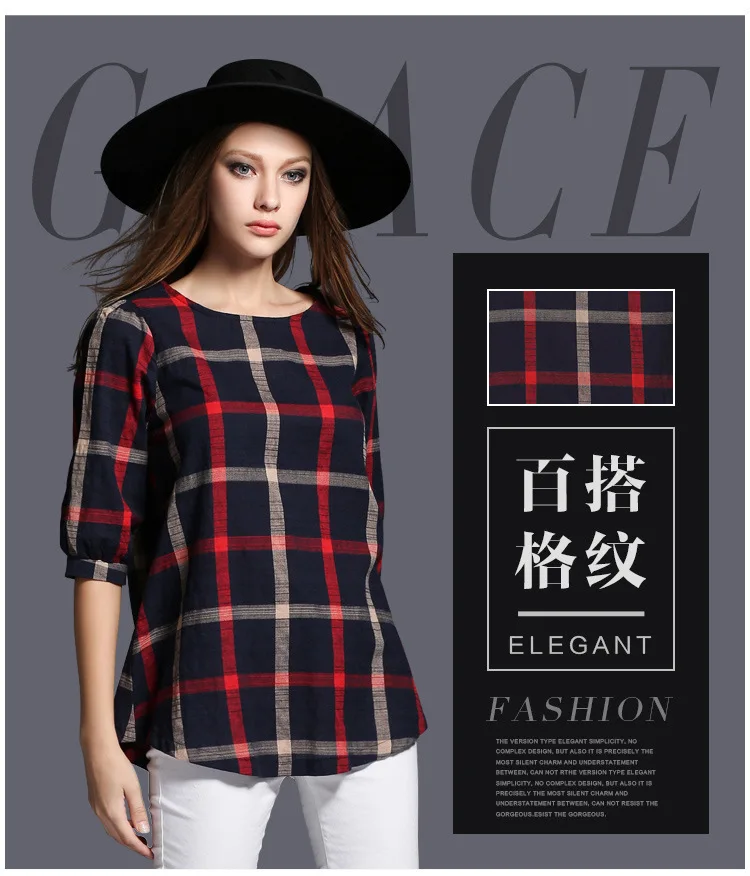 

Europe And America Summer New Style Large Size Fat Mm Plaid Versatile Simple Loose-Fit Crew Neck Three-quarter-length Sleeve Cot
