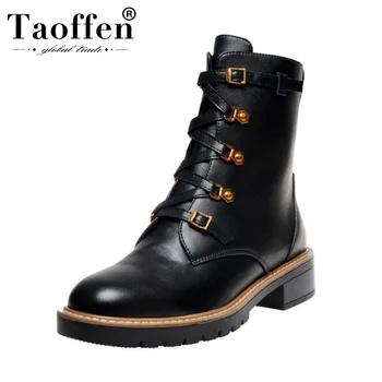 

Taoffen women real leather black winter knee high boots zipper cross strap fashion motorcycle boot casual shoes woman size 34-40