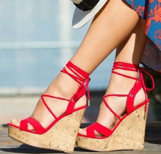 Dipsloot Woman Sweet Red Suede Cross Tied Platform Wedge Sandals Girls Cuts  Out Lace Up High Heel Casual Sandals Shoes Big Size - Women's Sandals -  AliExpress