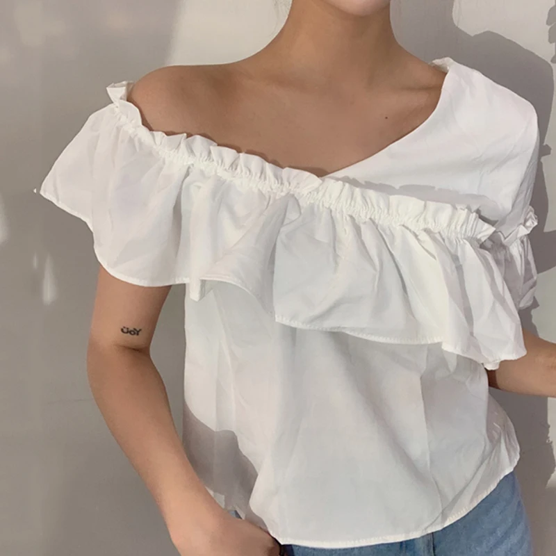 

Korea ins women blouse v-neck strapless stitching ruffle top top solid color loose shirt female mujer my482
