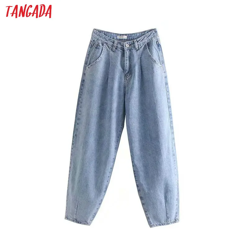 Comprare Tangada donne di modo allentato mamma jeans pantaloni lunghi tasche con cerniera allentato streetwear femminile pantaloni in denim blu 4M38