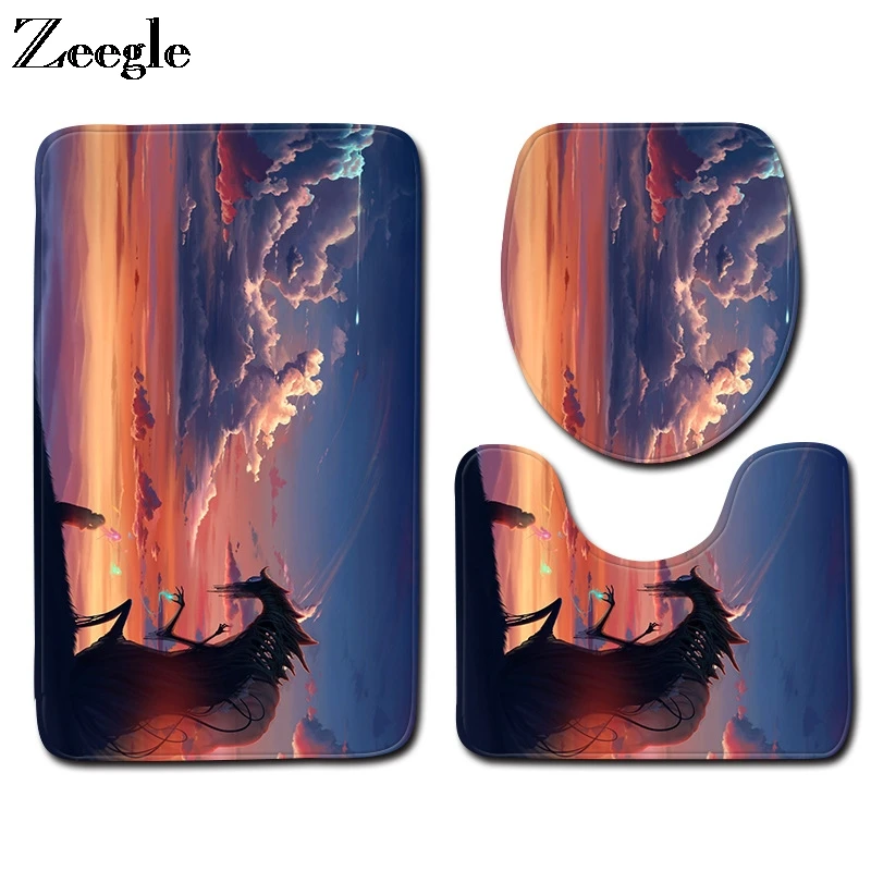 Zeegle 3pcs Bathroom Rug Set Shower Curtain Absorption Toilet Pedestal Rug Non-Slip Bathroom Doormat Shower Mat Soft Toilet Set