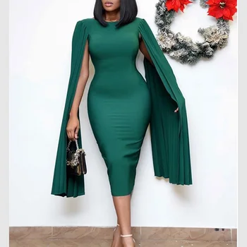 

Women Pleated Cloak Sleeve Pencil Dress Mock Neck Solid Color Midi Dress Summer 2020 Slim Fit Party Dresses Bodycon Vestidos
