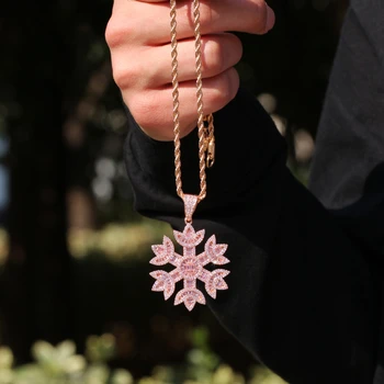 

Free shipping snowflake Hip hop necklace mosaic Pink crystal Zircon Christmas personality Pendant men women fashion fine jewelry