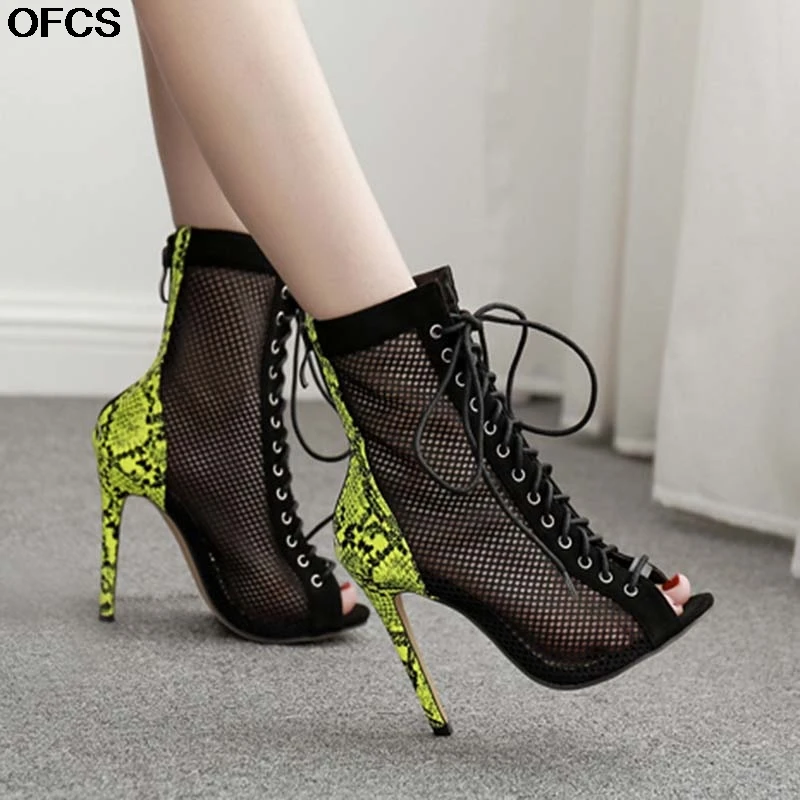 

2019 New Women Ankle Boots Cross-outs Woman Boot SandalsGreen Serpentine Peep Toe Boot Sandals size 35-42 Women Shoes